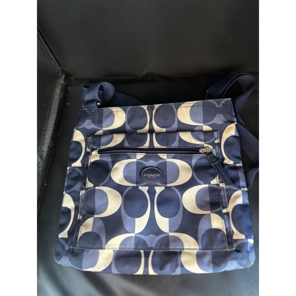 Coach Women's Blue White Logo Pattern Shoulder Bag Zip Designer